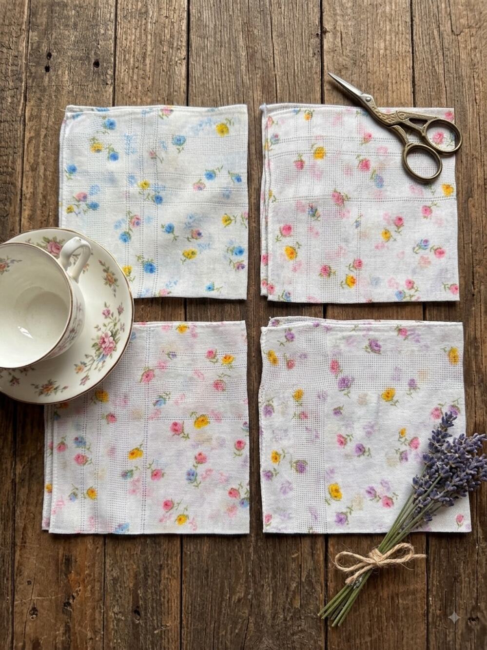 Set of 4 Mid-Century Dainty Wildflower Cotton Hankies